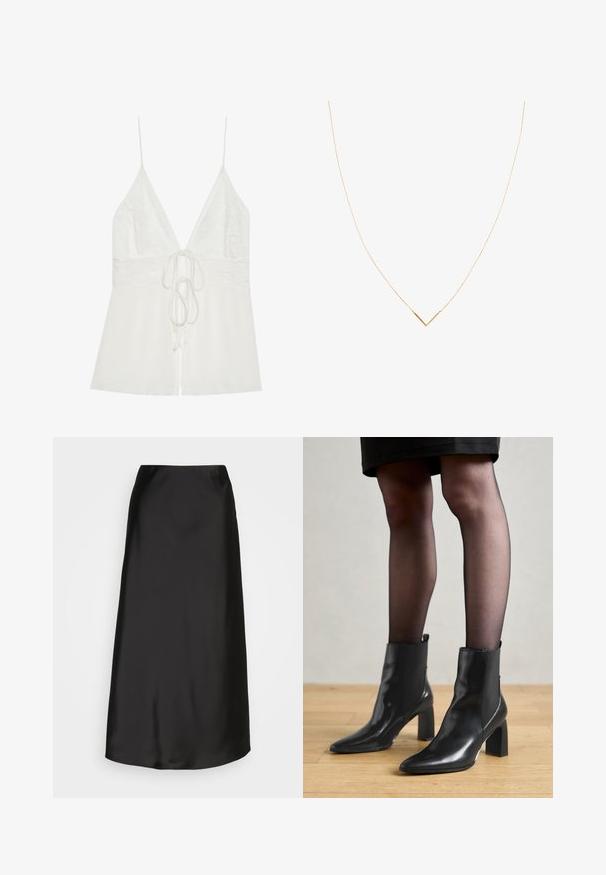 Camisola albă cu un bust din dantelă, decolteu adânc în V și tiv plisat. Bretele subțiri ajustabile și un detaliu cu șnur în față oferă versatilitate.; Fustă midi din satin negru, cu o textură fină, formă A-line și un luciu subtil. Are un design elegant, simplu, fără embellishments.; Botine negre din piele, cu vârful ascuțit, toc pătrat masiv și un design elegant. Au panouri laterale elastice pentru o îmbrăcare ușoară.; Colier aurit cu un lanț subțire și un pandantiv în formă de V. Design elegant cu o suprafață netedă și lucioasă și detalii minime.