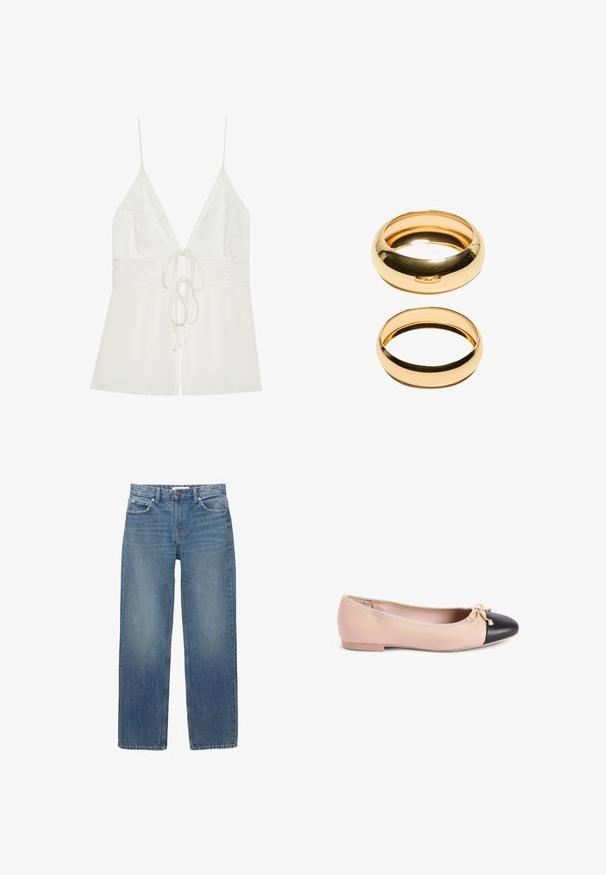 Vit linne med spetsöverdel, djup v-ringning och plisserad midja. Justerbara tunna axelremmar och knytning fram ger mångsidighet.; Ljusblå denimjeans med rak skärning, fem fickor och kopparfärgad hårdvara. Tyget har en lätt blekning och en slät textur.; Balletskor med en hudfärgad läderöverdel och en svart läderkappa vid tån, med en liten rosett och platt gummisula.; Två guldringar visas, en tjock och rund, den andra tunn och platt. Båda har en slät, glänsande yta med en polerad finish.