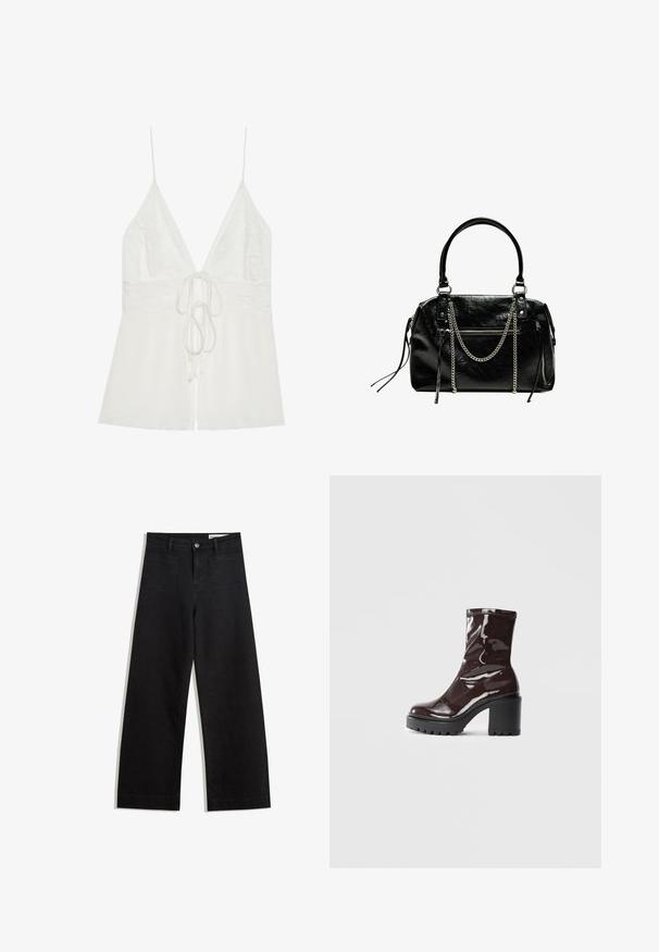 White camisole featuring a lace bodice, deep v-neck, and pleated hem. Adjustable thin straps and front tie detail add versatility.; Black wide-leg denim pants with a high waist, featuring front and back pockets, stitched seams, and a button closure. Smooth texture.; Glossy burgundy ankle boot with a chunky black heel, featuring a smooth texture and simple design. No visible fastenings or patterns.; Bershka WITH CHAIN - Handbag - black