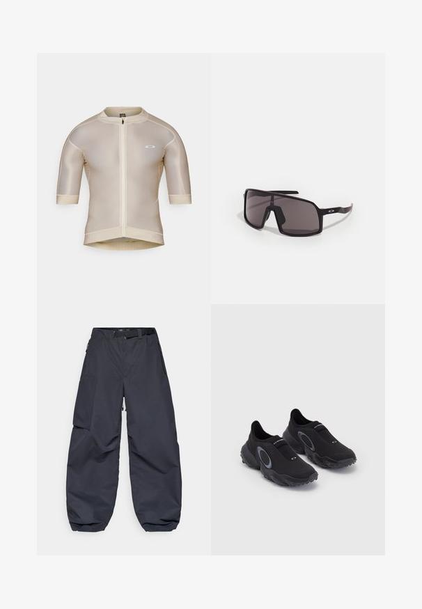 Bež majica za bicikliste kratkih rukava s prednjim patentnim zatvaračem, mrežastom teksturom i malim bijelim logom na lijevoj strani prsnog koša.; Tamno sivi cargo hlače izrađene od mekog, izdržljivog materijala. Imaju širok, slobodan kroj, više džepova i remen za podešavanje struka.; Crne slip-on tenisice s teksturiranim gornjim dijelom i gumenim potplatom. Imaju sivi kružni akcent i elastični remen preko instep-a za dobar fit.; Crne pravokutne sunčane naočale s tamnim lećama, širokim okvirom i vitkim crnim drškama. Imaju logotip na sljepoočnicama. Glatka tekstura.