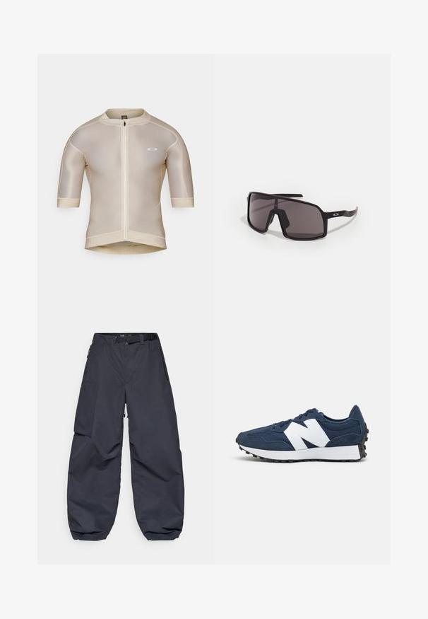 Šviesiai ruda trumpomis rankovėmis dviratininkų marškinėliai su priekiu užtrauktuku, tinklelio tekstūra ir mažas baltas logotipas kairėje krūtinės pusėje.; Tamsiai pilki krovinių šortai, pagaminti iš minkštos, patvarios medžiagos. Juose yra platus, laisvas kirpimas, daugybė kišenių ir reguliuojama juosmens juosta.; Tamsiai mėlyni sportiniai bateliai su balta logo, su odos ir tinklo viršumi, su paminkštintu apvadu, plokščiais raišteliais ir tekstūruotu juodu guma padu.; Juodos stačiakampės saulės akinius su tamsiais stiklais, plačia rėmeliu ir plonomis juodomis kojelėmis. Ant smilkinių yra logotipas. Lygus paviršius.