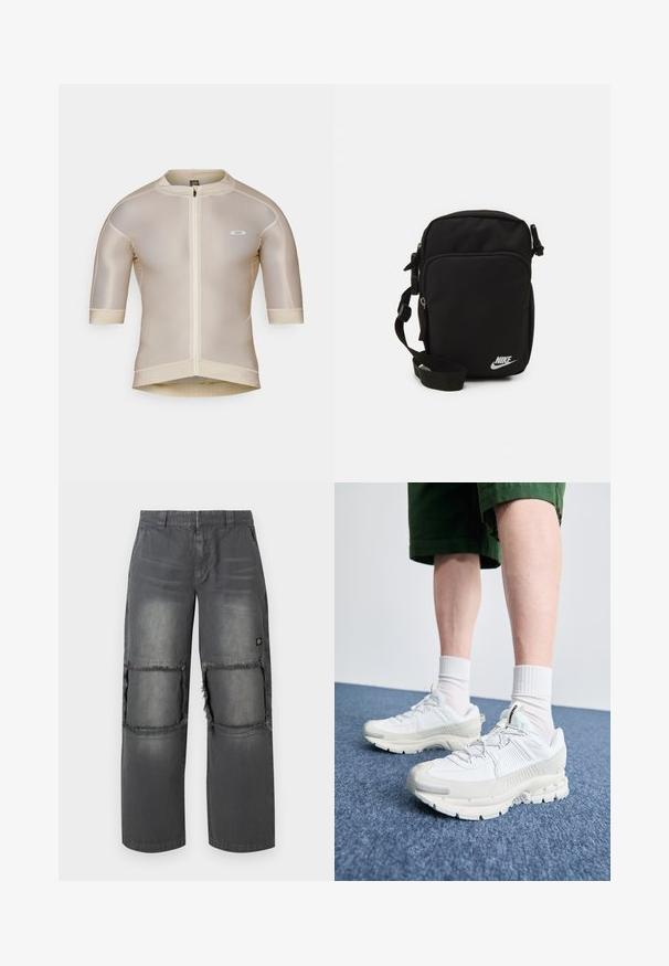 Beige pyöräilypaita lyhyillä hihoilla, jossa on vetoketju edessä, verkkotekstuuri ja pieni valkoinen logo vasemmassa rinnassa.; Harmaat denim-housut rentoon istuvuuteen, joissa on riiputetut polvipatches, erottuva ompelu ja pieni logo sivussa.; Valkoiset urheilukengät, joissa on tekstuuriset päällysteet, paksu pohja ja harmaat yksityiskohdat. Yhdistetty valkoisiin putkisukkiin ja vihreisiin shortseihin sinisellä pinnalla.; Musta nailoninen olkalaukku, jossa on säädettävä hihna, vetoketjullisia osastoja ja valkoinen Nike-logo edessä. Suuri sileä rakenne, suorakulmainen muoto.