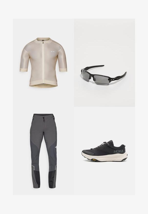 Maillot de cyclisme beige à manches courtes avec fermeture éclair frontale, texture en maille et petit logo blanc sur la poitrine gauche.; Pantalons de randonnée gris avec une coupe fuselée, plusieurs poches et des accents noirs et gris foncé contrastants. Fabriqués en un matériau flexible et durable.; Chaussure de sport noire avec un dessus texturé, accents gris, détails réfléchissants et une semelle blanche épaisse arborant la marque Vibram.; Lunettes de sport noires avec verres gris, design de cadre incurvé et détail de logo sur le côté. Fabriquées en matériau plastique léger.