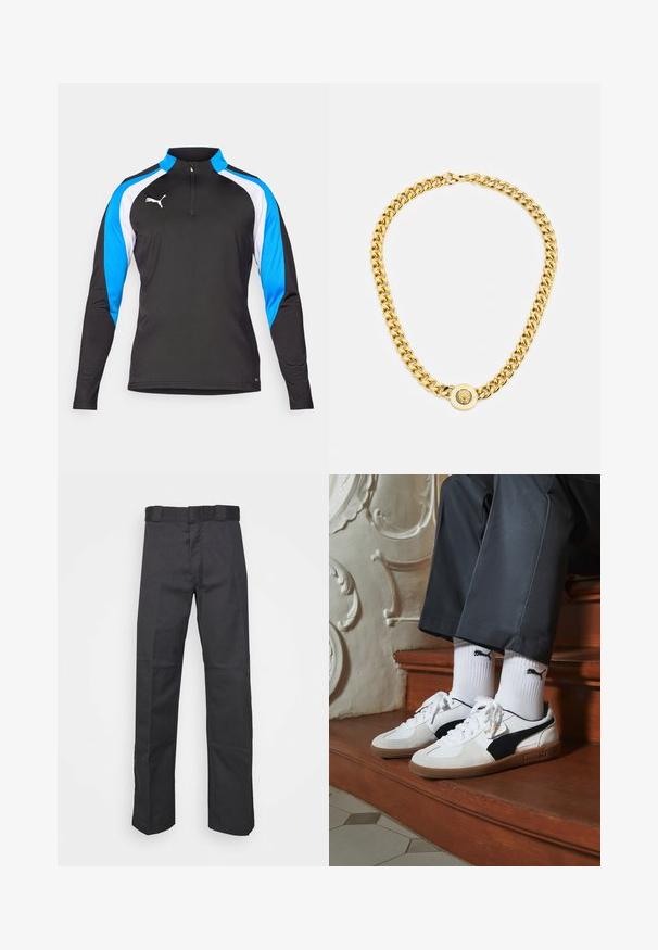 Must õhuke must spordipaita, millel on pikad varrukad, pool-ühendus krae, sinised ja valged aktsentpaneelid ning väike valge logo rinnal. SilSmooth kangas tekstuur.; Mustadest kangast püksid, mis on valmistatud vastupidavast materjalist, sirge jala disainiga, vöökoha jaoks nööbid ja õmblused lisatekstuuri saavutamiseks.; Puma tossud valgest ja mustast südamikust, millel on pruun kummi tall. Kombineeritud valgete sokkidega, millel on must logo, kantud tumedate pükstega.; Kuldne kett kaelakee suurte omavahel ühendatud linkidega, mille keskel on ringikujuline ripats, millel on kõrgendatud emblem.