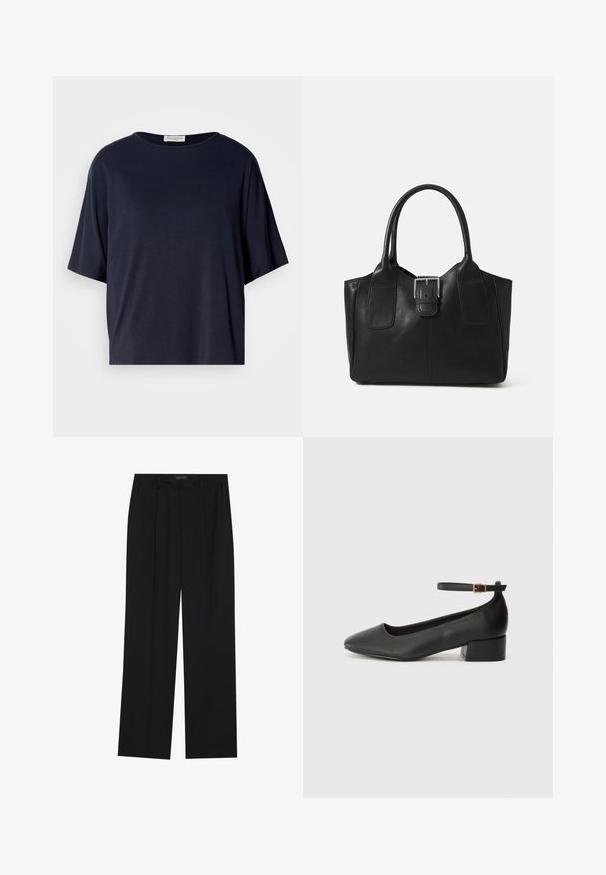 Tengerészkék, rövid ujjú póló, puha anyagból készült, laza fazonnal és kerek kivágással. Minimalista dizájn jellemzi, látható minták nélkül.; Fekete nadrág egyenes szárú kialakítással, két első zsebbel és derékrésszel. Simának és könnyű anyagból készült.; Fekete bőr magassarkú cipő hegyes orral és alacsony tömb sarkal. Bokapánttal rendelkezik, aranyszínű csattal. Simább textúra.; Fekete bőr bevásárlótáska sima textúrával, strukturált formával, két fogantyúval és egy figyelemfelkeltő ezüst csattal az elején.