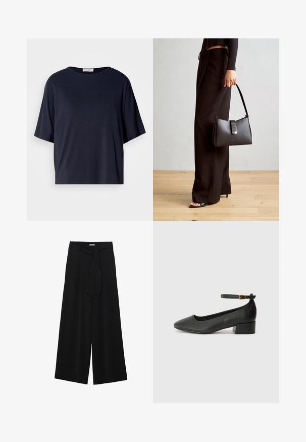 Tricou bleu marin cu mânecă scurtă, fabricat dintr-un material moale, cu o croială lejeră și un guler rotund. Prezintă un design minimalist și fără modele vizibile.; Pantaloni largi negri dintr-un material texturat, cu un tiv elastic și o panglică detașabilă la talie pentru un fit ajustabil.; Pantof cu toc negru din piele, cu vârf ascuțit și toc mic pătrat. Dispune de o curea la gleznă cu o cataramă în tonuri de aur. Textură netedă.; Genți negre cu o formă structurată, textură netedă și un închizător metalic. Asortată cu pantaloni negri largi și sandale cu vârf deschis pe un podea din lemn.