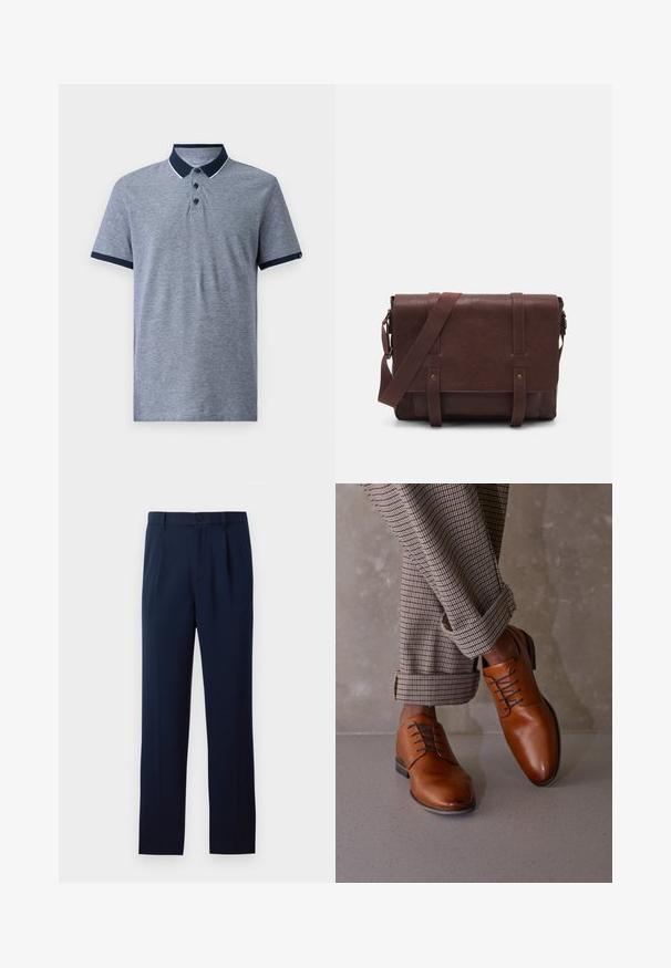 Szürke, rövid ujjas pólóing, tengerészkék gallérral és ujjaival. Három fekete gombbal és diszkrét heather textúrával rendelkezik.; Három hosszúujjú ing: világoskék, fehér és tengerészkék. Mindegyik klasszikus galléros és gombos előlapi, sima anyagból készült.; Sötétkék nadrág sima anyagból, egygombos záródással, pliszírozással és egyenes lábakkal. Minimalista dizájn, jelentős minták nélkül.; Barna bőrcipők kerek orral, öt szemlyukú fűzős kialakítással és eltérő sötét fűzőkkel rendelkeznek. A nadrág kockás, a szárán fel van hajtva.; Barna bőr válltáska, lapos elülső fedéllel, két pánttal, arany színű fém kiegészítőkkel és állítható vállpánttal.