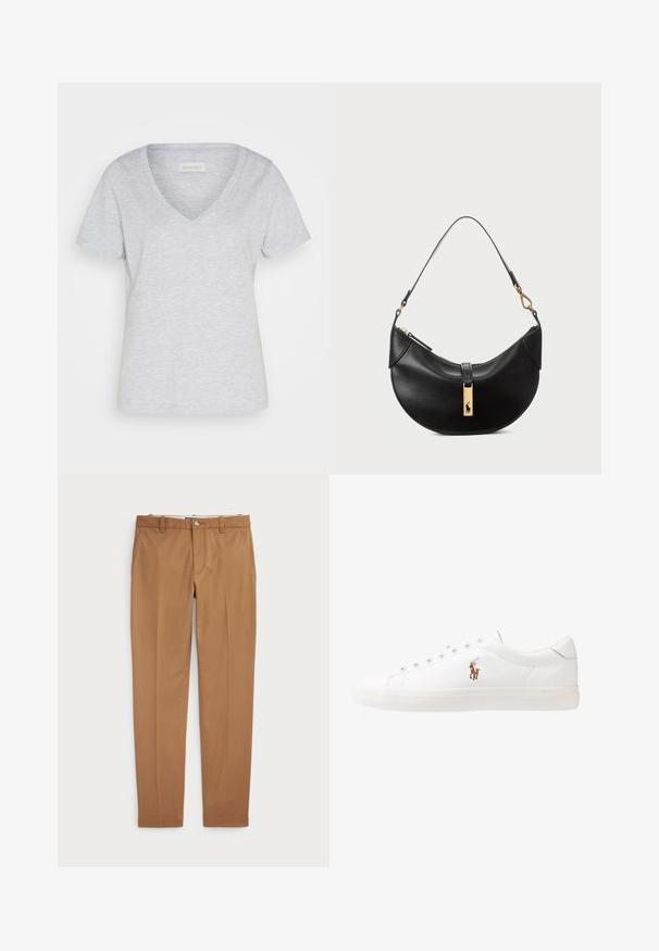 Heled halli puuvilla T-särk, millel on V-kujuline kaelus ja lühikesed varrukad. Omab vabalt voolavat lõiget ja peent heegeldatud tekstuuri.; Pruunist puuvillast valmistatud püksid, millel on slim-fit disain, lapik eesmine osa ja tavalised taskud; sile tekstuur ja ääristatud sääreotsad.; Valged nahast tossud, madala ülaservaga disain, millel on sile tekstuur, ümar varvas, nööridega esiosa ja väike tikand logoga küljel.; Must musträik maximum ümmargune nahk kott. Omab kuldse metallist aksessuaari ja kitsast rihma. Sile tekstuur, lukuga sulgemine üleval.