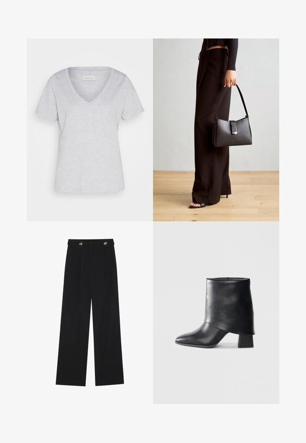 Helle graue Baumwoll-T-Shirt mit V-Ausschnitt und kurzen Ärmeln. Bietet eine lässige Passform und eine dezente melierte Textur.; Schwarze weite Hosen mit hoher Taille, Knopfdetails am Bund und vorderen Falten.; Schwarze Lederstiefelette mit spitzer Zehenform, glatter Oberfläche und strukturiertem Blockabsatz. Mit einem hohen, gefalteten Schaftdesign.; Schwarze Handtasche mit strukturierter Form, glatter Textur und einem metallischen Verschluss. Kombiniert mit weiten schwarzen Hosen und offenen Sandalen auf einem Holzboden.