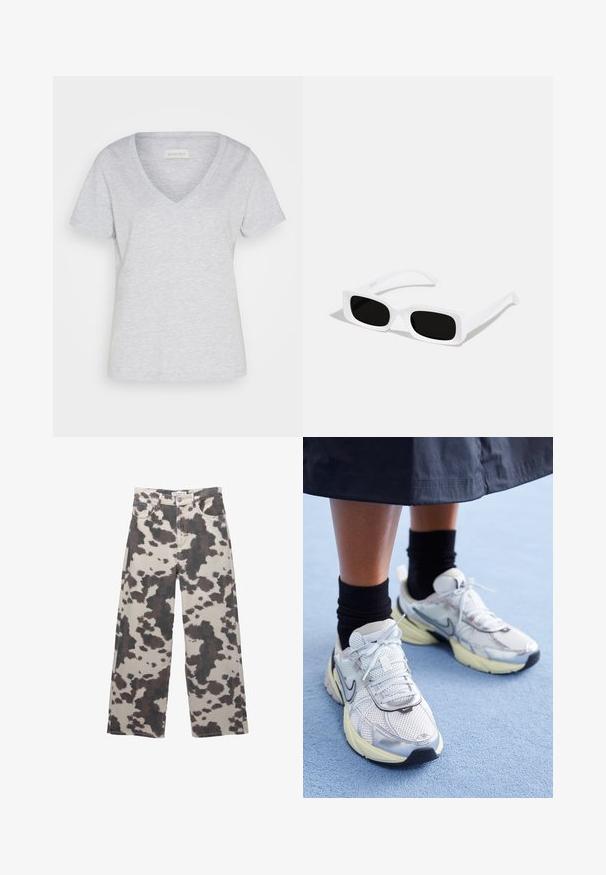 Světlé šedé bavlněné tričko s výstřihem do V a krátkými rukávy. Má volný střih a jemnou melírovanou strukturu.; Široké džíny v béžové barvě s hnědým vzorem kravské srsti. Mají zapínání na knoflík a design s pěti kapsami. Vyrobeny z denimu.; Bílé a stříbrné tenisky Nike z prodyšné tkaniny s reflexními akcenty a béžovou podrážkou. Nosené s černými ponožkami, stojící na modrém povrchu.; Bílé obdélníkové sluneční brýle s černými skly, s matným povrchem a hladkou texturou. Ramena jsou elegantní a mírně zakřivená.; Bílá kožená kabelka s křivkovým tvarem, nastavitelným popruhem a uzavíráním na zip na vrchu. Hladký povrch s minimem kovových detailů.