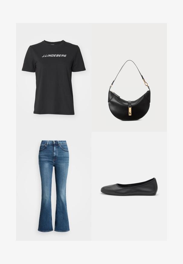 Czarna bawełniana koszulka z białym logo "J.Lindberg" na klatce piersiowej. Krótkie rękawy, okrągły dekolt i standardowy krój.; Jeansy z wysokim stanem, rozszerzane na dole, w średnim niebieskim denimu, z klasycznym pięciokomorowym fasonem i kontrastowymi szwami. Krawędzie są surowe.; Czarne skórzane baletki z zaokrąglonym noskiem, gładką fakturą, minimalnymi przeszyciami i elastycznym designem podeszwy.; Czarna skórzana torebka w kształcie półksiężyca. Ma złote akcenty i wąski pasek. Gładka tekstura, zamek błyskawiczny na górze.