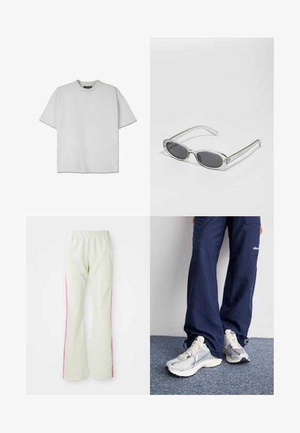 Majica s kratkimi rokavi v svetlo sivi barvi iz mešanice bombaža z okroglim izrezom. Značilen je subtilni embosirani logotip spredaj. Ohlapen kroj.; Svetlo bež hlače z elastičnim pasom, ki imajo roza stranske panele in stranske žepe. Gladko teksturo in ravno krojenje.; Nike športni čevlji s srebrno mrežasto zgornjico, belimi poudarki in teksturiranimi podplati, v kombinaciji s sproščenimi temno modrimi hlačami.; Sončna očala ovalne oblike, prozoren plastičen okvir, temno sivi leči in tanke prozorne roke z logotipnimi akcenti in minimalnimi detajli.