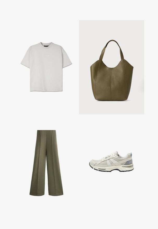 Rövid ujjú, világosszürke pamut keverék póló kerek nyakkal. Elülső oldalán egy diszkrét, dombornyomott logó található. Laza fazon.; Olíva zöld, széles szárú nadrág, puha anyagból, függőleges varrásokkal. Magas derék és precíz élek jellemzik, ami tiszta megjelenést kölcsönöz.; Bézs színű sportcipő texturált hálós felsőrésszel és sima kiegészítőkkel. Párnázott talppal, megerősített orr-résszel és fekete gumitalppal rendelkezik.; Olivazöld bőr kézitáska dupla pántokkal, sima textúrával és négy paneles kialakítással. Erősített varrás a varratok mentén a tartósság érdekében.