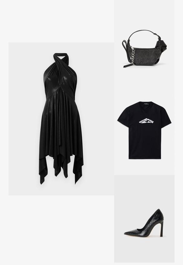 Schwarzes Baumwoll-T-Shirt mit kurzen Ärmeln und runder Ausschnitt. Auf der Vorderseite befindet sich ein weißes grafisches Logo "DSQUARED2 CDN".; Schwarzes Halsbandkleid mit einem drapierten Design. Hergestellt aus glänzendem Material, mit einem verdrehten Ausschnitt und asymmetrischem Saum. Glatte Textur.; Schwarzer, spitz zulaufender High Heel mit Krokodilleder-Struktur, elegantem Design, hohem Stiletto-Absatz und glattem schwarzen Innenraum.; Schwarze Handtasche mit texturiertem Design, verziert mit silbernen Nieten und einem klobigen silbernen Kettenriemen. Besitzt eine elegante, minimalistische Form.