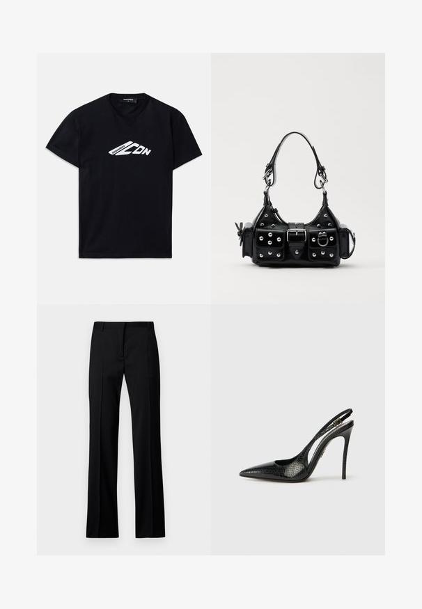 Zwart katoenen T-shirt met korte mouwen en een ronde hals. Bevat een witte grafische logo "DSQUARED2 CDN" op de voorkant.; Zwarte rechte broek van gladde stof, met een platte voorkant, riemlussen en zonder zichtbare zakken of versieringen.; Zwarte slingback pump met een spitse neus, textuur met een slangpatroon, stiletto hak en een decoratieve gesp op de band.; Zwarte lederen handtas met een gebogen ontwerp, voorzien van zilveren studs, een gesp en twee zijvakken. Verstelbare schouderband voor verschillende draagmogelijkheden.