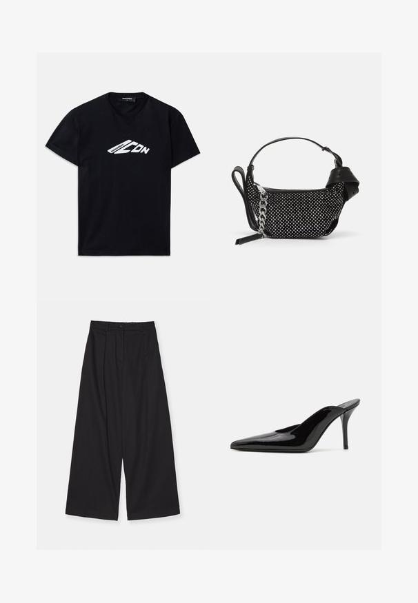 Black cotton t-shirt with short sleeves and a crew neckline. Features a white graphic logo “DSQUARED2 CDN” on the front.; Black wide-leg trousers made of a smooth fabric, featuring a high waist, front pleats, a button closure, and a straight silhouette.; Black patent leather high-heeled mule with a pointed toe and a sleek silhouette, featuring an open back and a slender stiletto heel.; Black handbag featuring studded embellishments, a chain strap, and a smooth leather handle, with a rounded shape and zipped compartment.