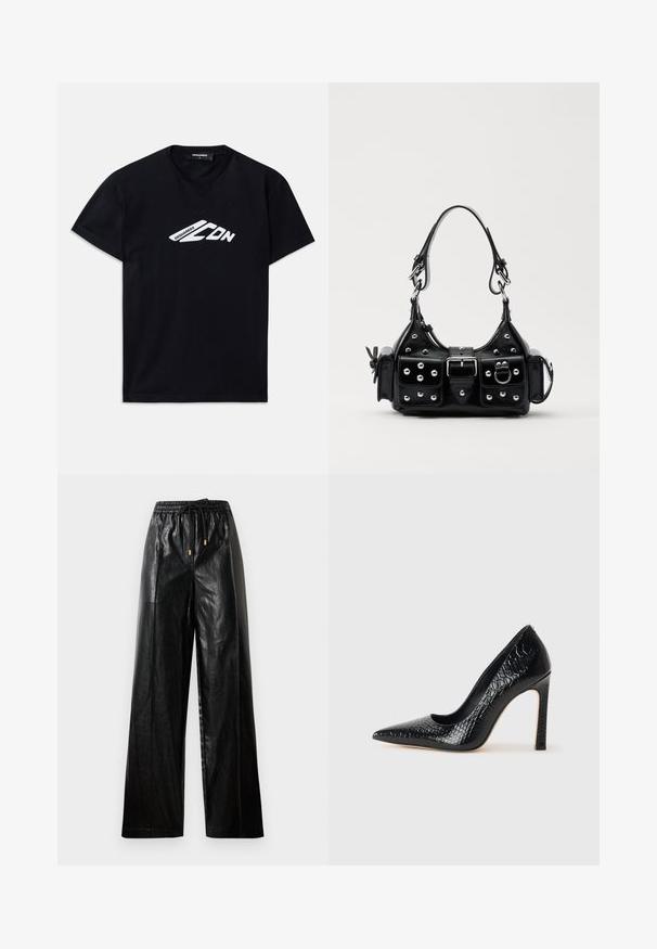Sort bomulds t-shirt med korte ærmer og rund halsudskæring. Har et hvidt grafisk logo "DSQUARED2 CDN" på fronten.; Sorte læder bukser med vide ben, elastisk taljebånd, snoretræk og guldfarvede hardware detaljer. Glat tekstur og løs pasform.; Sorte spidse tå stiletto-sko i krokodilleskind med et strømlinet design, høj hæl og glat sort inderside.; Sort læderhåndtaske med et buet design, prydet med sølvfarvede nitter, en spænde og to sidelommer. Justerbar rem til forskellige bære muligheder.