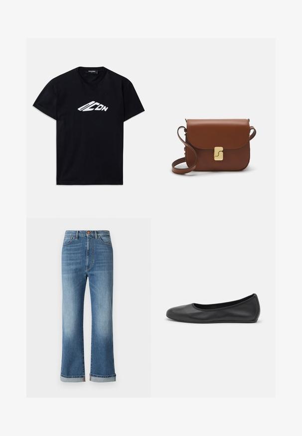 Black cotton t-shirt with short sleeves and a crew neckline. Features a white graphic logo “DSQUARED2 CDN” on the front.; Blue denim jeans with a high waist, wide-leg cut, and rolled cuffs. Visible stitching and a front button closure with classic five-pocket design.; Black leather ballet flat with a rounded toe, smooth texture, minimal stitching detail, and a flexible sole design.; Brown leather handbag with a flap closure, gold-tone hardware, a shoulder strap, and a smooth texture. Compact rectangular shape.