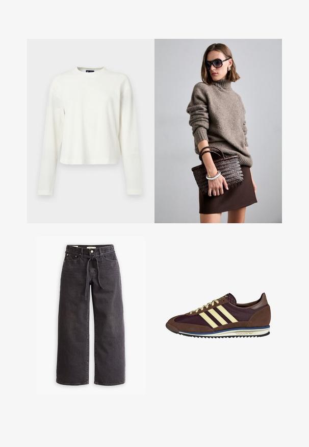 Fehér bordázott, hosszú ujjú felső kerek nyakkal és laza illeszkedéssel. Az anyag textúrája puha és enyhén rugalmas. Az alján egyenes szegély.; Fekete, bőszárú farmernadrág, állítható derékkal, öt zsebbel és kontrasztos varrási részletekkel. Lapos elülső dizájn.; Barna és bordó sneaker velúr és hálós anyagból, három krémcsíkkal, texturált anyaggal a nyelvén és gumitalppal.; DRAGON DIFFUSION MINI FLAT GORA - Kézitáska - dark brown