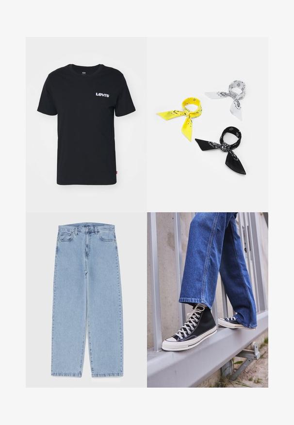 Levi's® CLASSIC GRAPHIC - Marškinėliai su spaudiniu - core caviar; Šviesiai mėlyni džinsai su tiesiomis kojomis, turintys vidutinio aukščio juosmenį, penkias kišenes ir mygtuko bei užtrauktuko uždarymą.; Juodi aukšti sportiniai bateliai su baltu padu ir raišteliais, derinami su laisvai krentančiais mėlynais džinsais, atremti į pilką turėklą.; Trys bandanos: vienas geltonas su juodais raštais, vienas baltas su juodais piešiniais ir vienas juodas su baltais grafikos elementais. Visi kvadratiniai, lengvos medžiagos.