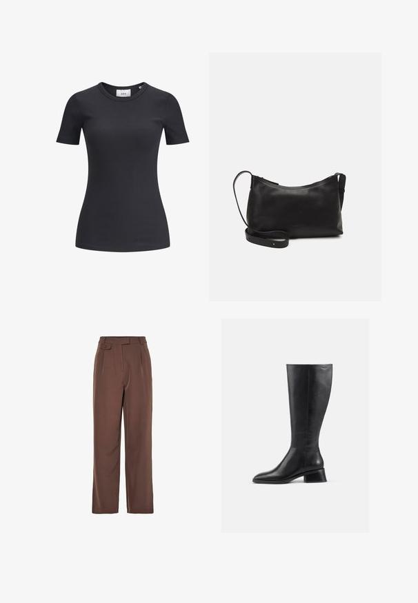 Sort ribbet kortærmet t-shirt med rund halsudskæring. Lavet af et blødt, strækbart stof med en subtil tekstur og en tætsiddende silhuet.; Brune vævede bredbenede bukser med høj talje, frontfolder og knapdetalje. Glat tekstur med en skræddersyet design.; Støvle i sort læder, der går til knæene, med rund tå og lav blokhæl. Har en glat tekstur og minimal syning.; Sort læder skuldertaske med en glat tekstur, buet form, justerbar rem og lynlås. Minimalistisk design uden udsmykninger.