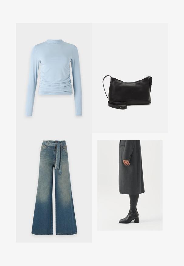 Světle modrý top s dlouhým rukávem vyrobený z hladkého materiálu, s vysokým výstřihem, přiléhavým střihem a řasením po stranách.; Džínové kalhoty širokého střihu s přechodem od světlé k tmavě modré, vysokým pasem, poutky na opasek a odpovídajícím opaskem ze stejného materiálu. Texturovaná džínovina.; Šedý padnoucí kabát s rovnou siluetou; kombinovaný s černými koženými botami nad kolena s hranatou špičkou a masivním podpatkem.; Černá kožená taška přes rameno s hladkým povrchem, zakřiveným tvarem, nastavitelným popruhem a zipovým uzávěrem. Minimalistický design bez zdobení.