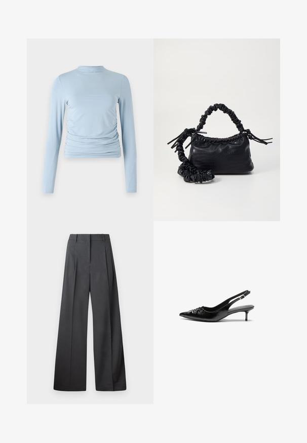 Light blue long-sleeve top made of smooth fabric, featuring a high neck, fitted silhouette, and gathered detailing on the sides.; Wide-leg trousers in dark gray fabric, featuring a high waist, single pleats, and a smooth texture with a clean finish at the hems.; Black leather slingback heels with a pointed toe, small kitten heel, and a decorative knot detail on the front. Smooth texture throughout.; Black faux leather handbag with a crocodile texture, cinched top, and a scrunched strap. Appears soft and compact in design.