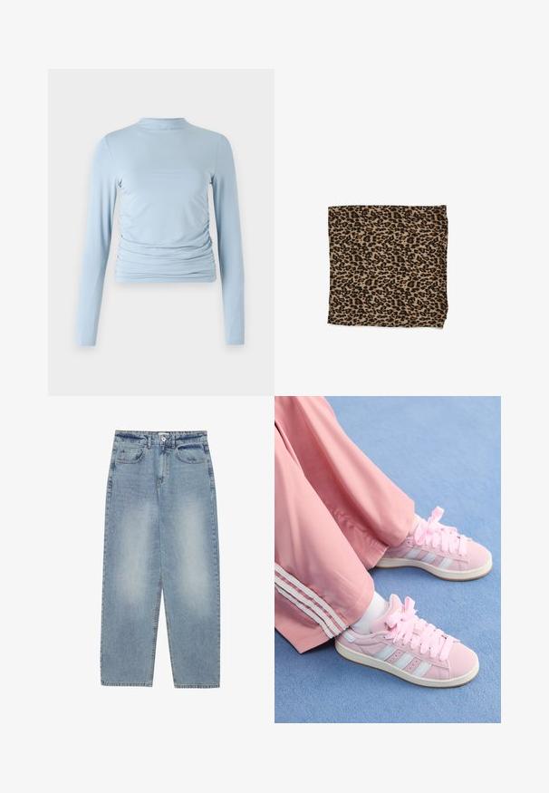 Svetlomodrý top s dlhým rukávom vyrobený z hladkej látky, s vysokým golierom, priliehavým strihom a nariasením po stranách.; Svetlomodré džínsy vyrobené z denimu s voľným strihom, rovnými nohavicami, piatimi vreckami a gombíkovým zapínaním v páse. Hladká textúra.; Ružové športové topánky so svetlomodrými pruhmi, okrúhlou špičkou a hrubými ružovými šnúrkami, kombinované s ružovými športovými nohavicami so bielymi bočnými pruhmi.; Tkanina s leopardím vzorom v béžovej farbe s čiernymi škvrnami, hladká textura, obdĺžnikový tvar a preložená s hotovými okrajmi.
