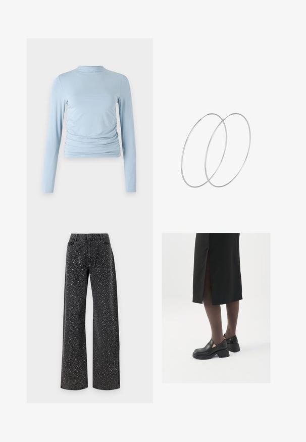 Gaišzils garām piedurknēm tops, izgatavots no gludas auduma, ar augstu apkakli, pieguļošu siluetu un savilktām detaļām sānos.; Noisy May NMJANNEL LOOSE - Brīva piegriezuma džinsi - black denim; Melni ādas apavi ar noapaļotu purngalu, biezām bloku papēžiem un elastīgiem sānu akcentiem, apvienoti ar tumšām zeķubiksēm un melnu svārku ar šķirbu.; Sudraba gredzenveida auskari ar minimālistisku dizainu. Cirkulāra forma, gluda tekstūra un plāns profils. Vieglu svaru ar spīdīgu apdari.