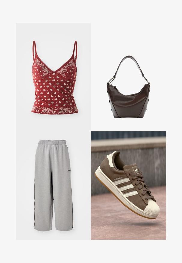 Rdeča majica na naramnice z belim paisley vzorcem, nastavljive naramnice, V-izrez in valovit rob. Narejena iz mehkega, lahkega blaga.; Sive trenirke iz mehkega blaga, z elastičnim pasom, skrajšano dolžino in črnimi stranskimi črtami za kontrast.; Svetlo rjave semiš teniske z belimi črtami, kremnimi dodatki in gumijastim zaščitnim toe-delom. Imajo vezanje in teksturiran gumijast podplat.; Temna rjava usnjena torbica s ukrivljeno obliko, z zadrgo in kratko ročico. Ima kovinske dodatke in okrasne črne gumbe na strani.