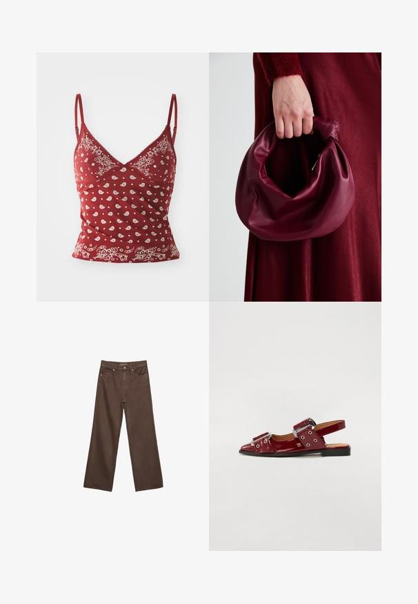 Rotes Trägershirt mit weißem Paisleymuster, verstellbaren Trägern, V-Ausschnitt und gewelltem Saum. Aus weichem, leichtem Stoff gefertigt.; Weite braune Jeans aus Denim, mit hoher Taille, Fronttaschen und klassischem Knopfverschluss. Glatte Textur mit feinen Nähten.; Burgunderfarbene Lackleder-Slingbacks mit spitzer Zehe, ausgestattet mit zwei verstellbaren Riemen mit Schnallen und silberfarbenen Akzenten.; Burgunderleder-Handtasche mit einem weichen, gerafften Design und einer gerundeten Form. Der Griff ist gesichert und zeigt eine glatte Textur.