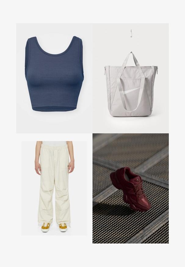 Navyblauw crop top met een diepe ronde hals, mouwloos ontwerp, gestructureerde stof en minimale stikseldetails langs de randen.; Crème-kleurige cargobroek met een losse pasvorm, elastische taille en meerdere zakken. Draagt met bruin en witte sneakers tegen een witte achtergrond.; Bordeaux sneaker met een gestructureerde bovenkant, vetersluiting en opvallende contouren van de zool. Beschikt over een logo en naadloze accenten van synthetisch materiaal.; Grijze tote bag met versterkte handvatten, een voorzak met rits en een wit Nike swoosh-logo. Gemaakt van duurzame stof met een gladde textuur.
