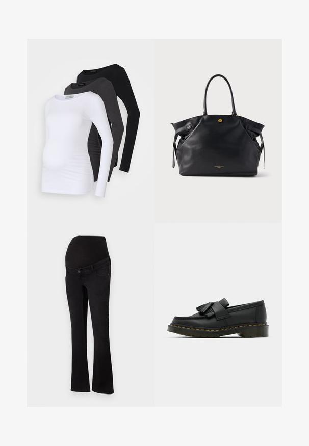 Három hosszú ujjú kismama felső fehér, szénszürke és fekete színben. Puha anyagból készült, sima felülettel és oldalsó ráncolás részlettel a kényelem érdekében.; Fekete farmer anyanadrág, rugalmas, a pocak felett viselhető derékkal, pedig csípőn és combon szoros, a szár végén pedig szélesedik.; Fekete bőr loaferek, lekerekített orral, frufru részlettel és díszes pánttal az elején, vastag sarokra szerelve.; Fekete bőr tote táska texturált felülettel, arany színű fémrészekkel és két lekerekített fogantyúval. Biztonságos záródással és letisztult márkajelzéssel rendelkezik.