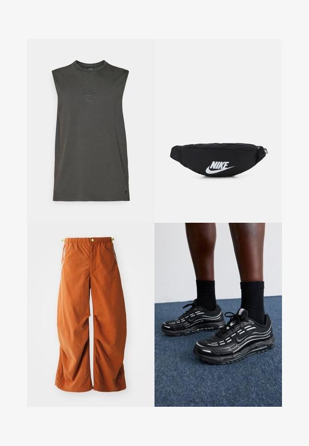 Temno siva brezrokavna majica iz mehkega bombaža. Značilna črna izvezeno logo bika na prsih. Preprost, sproščen kroj.; Oranžne široke hlače z elastiko v pasu, stranskimi žepi na zadrgo in ohlapnim, teksturiranim materialom, zasnovane za udobje in gibljivost.; Črne Nike čevlje imajo mrežasto zgornji del z naglasnimi črtami, teksturirane vezalke in črn gumijast podplat. Nosijo se s črnimi rebrastimi nogavicami.; Črna najlon fanny pakica z zadrgo, ki ima velik bel Nike logotip. Gladka tekstura in ergonomska zasnova za udobno nošenje.