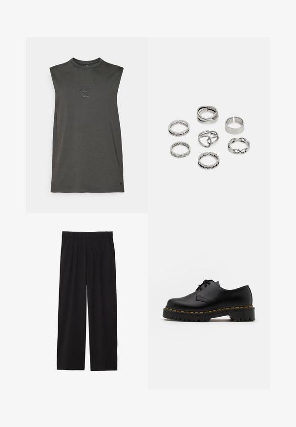 Tumehall hallitusvaba T-särk, mis on valmistatud pehmest puuvillast. Rinnal on must tikandiga pulli logo. Lihtne, vabalt langev disain.; Mustad laiad püksid pleediga esiosas, küljetaskud ja sile kangas. Disainitud mugavaks istuvuseks.; Must musta lesti kingad ümarate varvastega, tekstureeritud kummitald ja kollane õmblus aluse ääres. Lame disain ja sile viimistlus.; Seitsme hõbesõrmuse komplekt, millel on erinevad kujundid, sealhulgas keerdunud, seotud ja graveeritud mustrid. Erinevad kujundid ja laius.