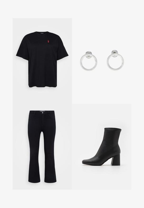 Sort bomulds t-shirt med korte ærmer, løs pasform, rund halsudskæring, med et lille rødt hjerte-logo på venstre brystområde.; ONLY Carmakoma CARTHUNDER PUSH UP - Flared jeans - black denim; Sort ankelstøvle lavet af glat læder med spids tæppe og en tykkere, rektangulær hæl. Har en syet kant for ekstra detaljer.; Sølvmetalløreringe med en børstet tekstur, der har et cirkulært design og en klar post til sikker bæring.