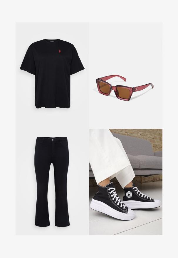 Camiseta de algodón negra con mangas cortas, corte holgado, escote redondo, que presenta un pequeño logo de corazón rojo en la parte izquierda del pecho.; ONLY Carmakoma CARTHUNDER PUSH UP - Vaqueros a campana - black denim; Zapatillas altas negras con suelas de goma blancas y cordones blancos. Presentan un parche redondo con logo y costuras blancas contrastantes. Material de lona.; Gafas de sol cuadradas tintadas de rojo con lentes marrones. Fabricadas en plástico translúcido. Presentan un diseño angular destacado y un sutil logo en la patilla.