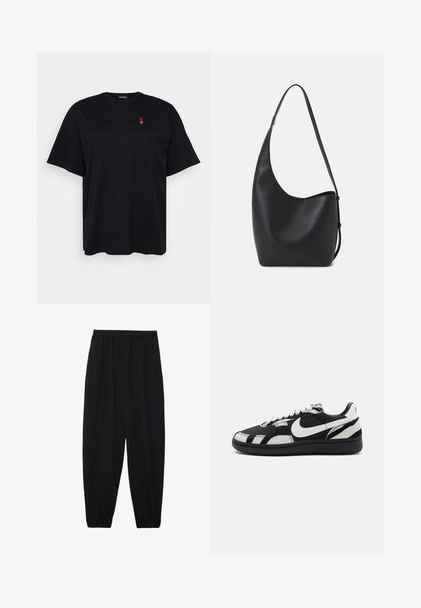 Tricou negru din bumbac cu mâneci scurte, croi lejer, guler rotund, având un mic logo cu inimă roșie pe partea stângă a pieptului.; Pantaloni negri, ușori, cu un brâu elastic și tivuri strânse. Materialul este neted și are un design relaxat, conic.; Sneakers alb-negru cu un superior texturat, prezentând un swoosh alb Nike proeminent și o talpă din cauciuc negru, sistem de închidere cu șireturi și accente cu un model.; Geantă hobo din piele neagră, cu o textură netedă, formă curbată și un singur bretele ajustabil; are o deschidere largă în partea de sus.