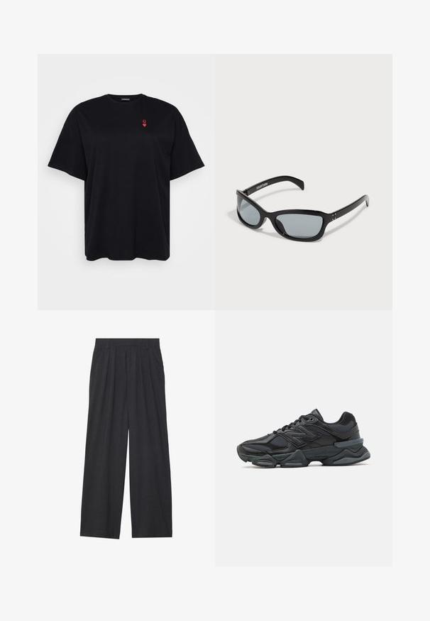 Črn bombažni majica s kratkimi rokavi, ohlapen kroj, okrogla izreza, s majhnim rdečim srcem na levi prsni strani.; Široke hlače iz temno sive tkanine. Imajo nabore na pasu, prilagojen dizajn in ravno silhueto.; Črne tekaške superge, ki združujejo mrežaste in sintetične materiale, imajo debel podplat, ukrivljen oblikovni slog ter izrazito blagovno znamko na strani.; Črne sončna očala s svetlim, angularnim dizajnom. Imajo siva leča in sijoče plastične okvirje. Vključujejo majhne kovinske dodatke in blagovno znamko na ročaju.