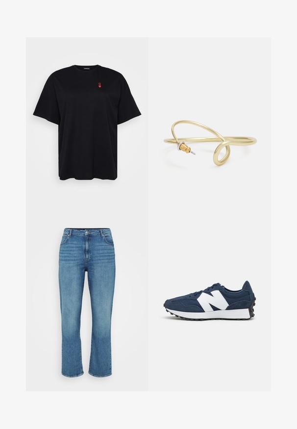 Black cotton t-shirt with short sleeves, loose fit, round neckline, featuring a small red heart logo on the left chest area.; Light blue denim jeans with a straight leg design, featuring five pockets, belt loops, and subtle fading on the front.; Navy blue athletic shoes with white logo, suede, and mesh upper, featuring a padded collar, flat laces, and textured black rubber sole.; Gold-colored metal bracelet with fluid, curvy design. Features a small, prominent, silver-colored accent at one end.