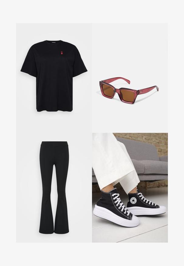 Svart bomulls T-skjorte med korte ermer, løs passform, rund halsutringning, med en liten rød hjerte-logo på venstre brystområde.; Svarte flared bukser laget av elastisk stoff, med høy midje og en glatt tekstur. Buksene vidder ut fra kneet.; Svarte høye sneakers med hvite gummisåler og lisser. Har et rundt logo-merke og kontrasterende hvite sømmer. Laget av lerret.; Rødtonede firkantede solbriller med brune linser. Lavet af gennemsigtig plastic. Har fremtrædende vinkelret design og subtil branding på stangen.