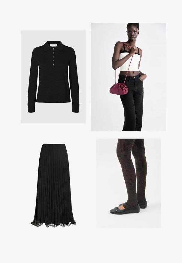 Juodas ilgas rankovės polo marškinėliai, pagaminti iš minkštos medžiagos, su apykakle ir šešiais mygtukais. Kraštai tvarkingai apdirbti.; Balta trumpa rankovėmis marškinėliai su V formos iškirpte, kurią puošia subtilus nėrinių kraštelis ant iškirptės ir rankovių, pagaminti iš lengvo audinio.; Juoda plisuota maksinė sijonas, pagamintas iš lengvos medžiagos su plaukiotu dizainu. Jame yra raukšlėtas apvadas ir elastinė juosmens juosta komfortui.; Juodos plokščios bateliai su maža kaspinėlio detale prie pirštų, derinami su tamsiai rudos spalvos raukšlėtomis pėdkelnėmis. Bateliai turi lygų paviršių ir žemą profilį.; Bordo minkštas audinys rankinukas su susiraukšlėjimu ir ilgu dirželiu, dėvimas per kūną. Modelis vilki baltą trumpą palaidinę ir juodas džinsus.