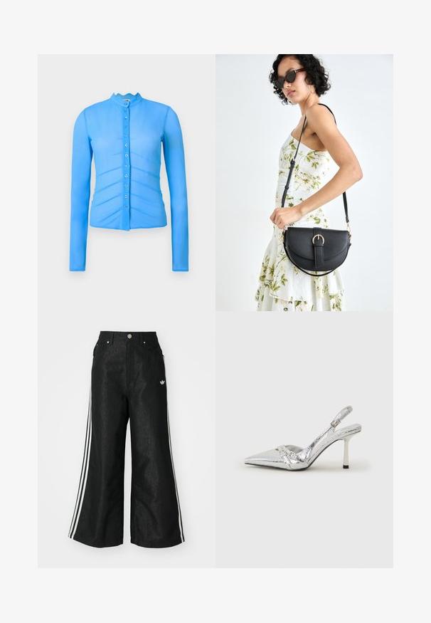 AVAVAV BUTTON UP SHIRT - Pikkade varrukatega topp - blue; Mustad mustadeline denimipüksid, millel on kummalgi küljel kolm valget triipu ja väike valge logo. Omab esikotte ja nööbiga kinnihoidmist.; Hõbedased slingback kõrged kontsad terava ninaga, metalne viimistlus, kaks dekoratiivset rihma ja sihvakad kontsad musta otsaga.; Mustmust mustraha kõverate joontega, eemaldatava rihmaga ja kuldsete detailidega. Kotil on klapp, millel on pandladetail.