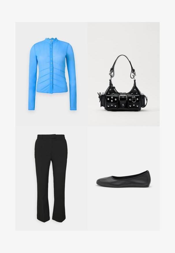 AVAVAV BUTTON UP SHIRT - Top dugih rukava - blue; Crne krojene hlače s ravnim krojem, s remenom na pojasu i bočnim džepovima. Izrađene su od glatkog materijala s urednim završetkom.; Crne kožne baletanke s zaobljenim vrhom, glatke teksture, minimalnim detaljima šavova i fleksibilnim dizajnom potplata.; Crna kožna torba s zakrivljenim dizajnom, koja sadrži srebrne zakovice, kopču i dva bočna džepa. Podesiva traka za različite opcije nošenja.