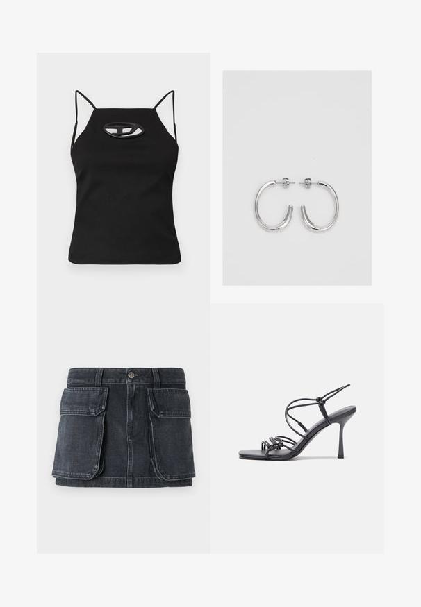 Juodas be Rankovių topas su plonomis petnešėlėmis, turintis išpjovą ovalo formos detale krūtinėje. Pagamintas iš lygios, elastingos medžiagos.; Juodas denimo sijonas su prigludusia juosme, mygtukų uždarymu, dviem didelėm priekinių kišenėm ir kontrastinga siuvinėjimo detalė.; Juodos aukštakulnės sandalai pasižymi plonyčiais dirželiais su mazgo dizainu, lygiu kvadratiniu pirštu ir elegantišku stiletto kulnu.; Sidabrinės auskarai žiedai su lygiu, blizgiu paviršiumi. Suapvalinta forma, lengvas dizainas, su uždarymu ant smeigtuko.