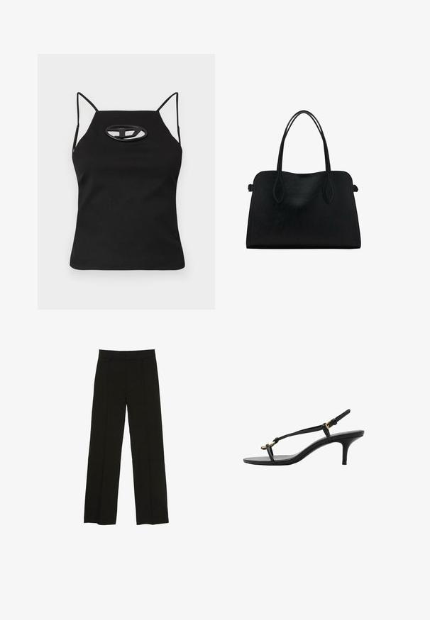 Zwarte mouwloze top met dunne banden, met een uitsnijding in ovale vorm op de borst. Gemaakt van een gladde, elastische stof.; Zwarte wijde pantalon gemaakt van een soepele stof, met een aansluitende tailleband en subtiele plooien aan de voorkant voor extra textuur.; Zwarte leren kitten heel sandaal met dunne banden, gouden gesp en minimalistische teenlus op een witte achtergrond.; Zwarte leren handtas met dubbele schouderriemen, rechthoekige vorm en minimalistisch ontwerp op een witte achtergrond.