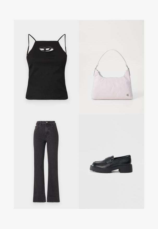 Top nero senza maniche con spalline sottili, caratterizzato da un dettaglio ovale ritagliato sul petto. Realizzato in tessuto morbido ed elastico.; Jeans neri a vita alta e a zampa d'elefante in denim, con chiusura a bottoni, passanti per cintura e tasche laterali. Texture liscia con minimal fading.; Mocassini in pelle nera con finitura testurizzata, caratterizzati da una fascia rettangolare sulla parte anteriore e un design di suola spessa e scanalata.; Borsa a spalla in nylon rosa chiaro con manico curvo, chiusura a zip superiore, hardware in argento e un piccolo logo sul lato.