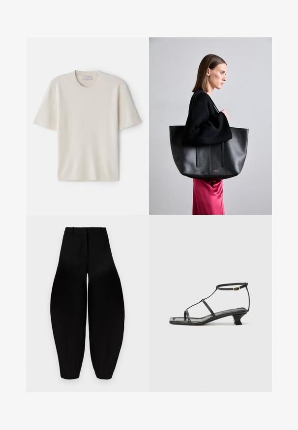 Krēmveidīga T-kreklu ar īsām piedurknēm, apaļo kakla izgriezumu, izgatavota no mīksta materiāla, ar taisnu griezumu un minimālu dekoru.; Melnbra plaša kāju bikses ar augstu jostasvietu, gludu priekšpusi un sašaurinātiem potītes daļām. Izgatavotas no gludas auduma ar matētu apdari.; Melna ādas sandale ar kvadrātveida purngalu, plānām siksnām, regulējamu potītes siksnu un zemu papēdi. Iezīme ir neliela zelta akcenta detaļa uz siksnas.; Melnas ādas rokas soma ar teksturētu apdari, kas ietver divas vertikālas līnijas, divas plecu siksnas un minimālistisku dizainu.