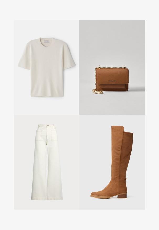 Cream short-sleeve t-shirt with a round neckline, made from soft material, featuring a straight cut and minimal detailing.; Wide-leg jeans in off-white denim. High-waisted design with a button closure, two front pockets, and contrast stitching details.; Tall brown suede boots with a rounded toe, moderate block heel, and a seam detail along the side. Smooth texture and simple design.; Brown textured leather crossbody bag with gold chain strap and flap closure. Front features logo detail and a pocket under the flap.