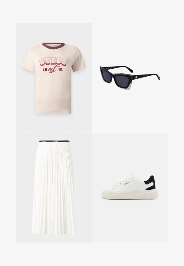 T-shirt en coton créme à manches courtes, avec un col rond côtelé bordeaux et une impression graphique : "GUESS 19 est. 81" en rouge et noir.; Jupe plissée blanche avec une taille élastique noire portant le logo "LACOSTE". Design mi-long avec une texture douce.; Baskets en cuir blanc avec une épaisse semelle blanche, un accent en daim noir au niveau du talon et un logo embossé sur le côté. Design à lacets avec six œillets.; Lunettes de soleil noires surdimensionnées avec une forme géométrique, dotées de verres foncés et d'un détail gris contrastant sur la monture. Logo sur la branche.